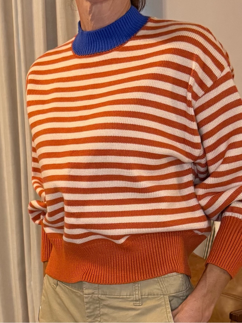 Altar'd State Orange and White Striped Crewneck with Blue Rib Collar